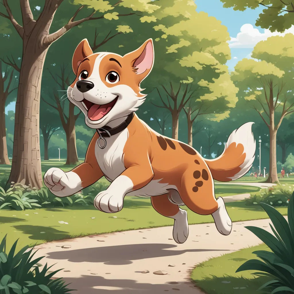 a cartoon dog is running down a path in the park with trees and grass in the background and a dog is jumping up and down, furry art, concept art, Charles Fremont Conner, official art