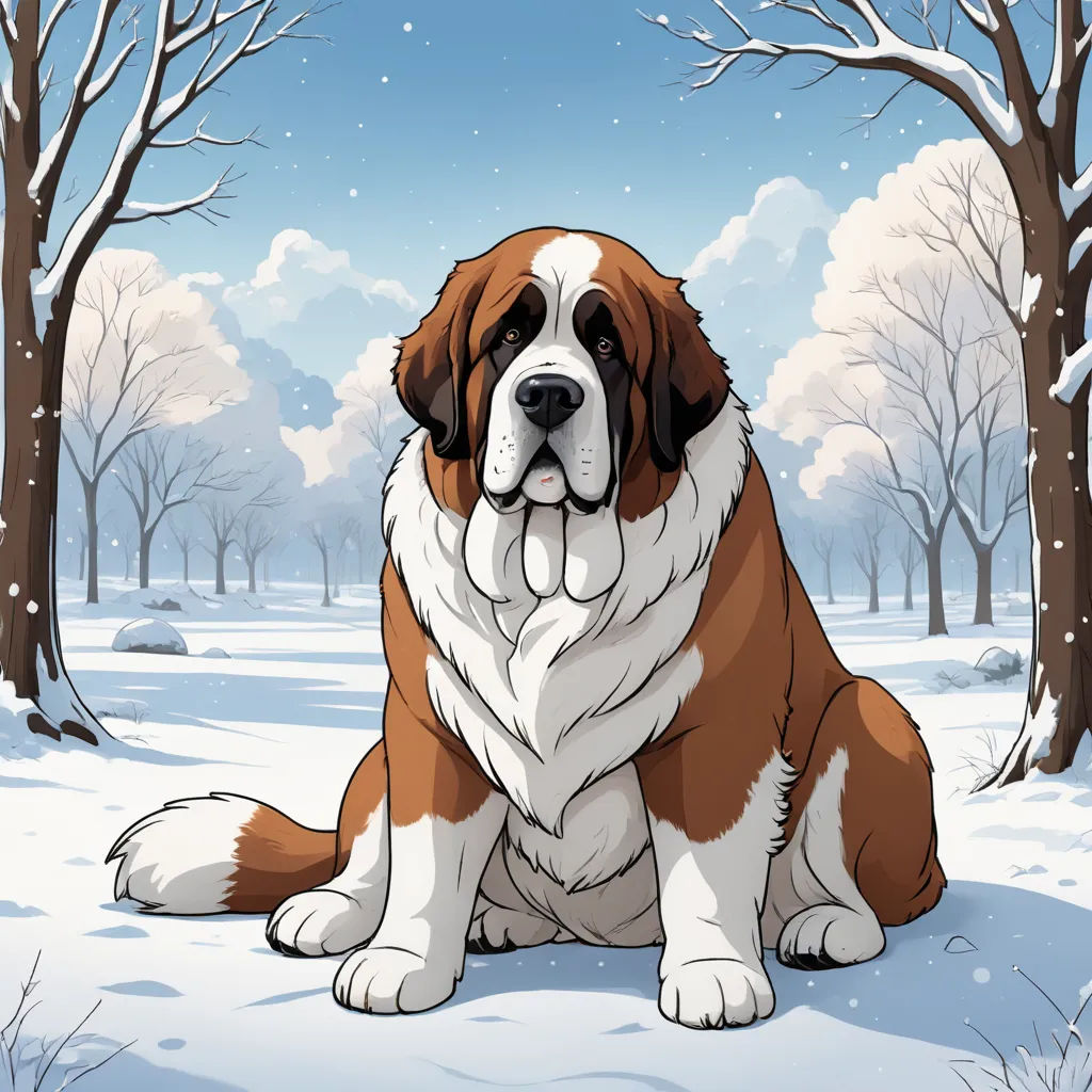 a brown and white dog sitting in the snow in front of trees and snow covered ground with snow falling, furry art, a character portrait, Edwin Landseer, official art
