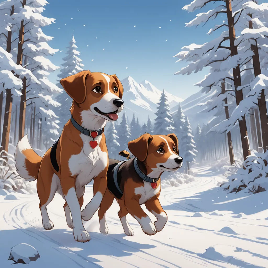 a couple of dogs standing on top of a snow covered forest covered in snow covered trees and snow covered ground, furry art, a storybook illustration, Brothers Hildebrandt, official art