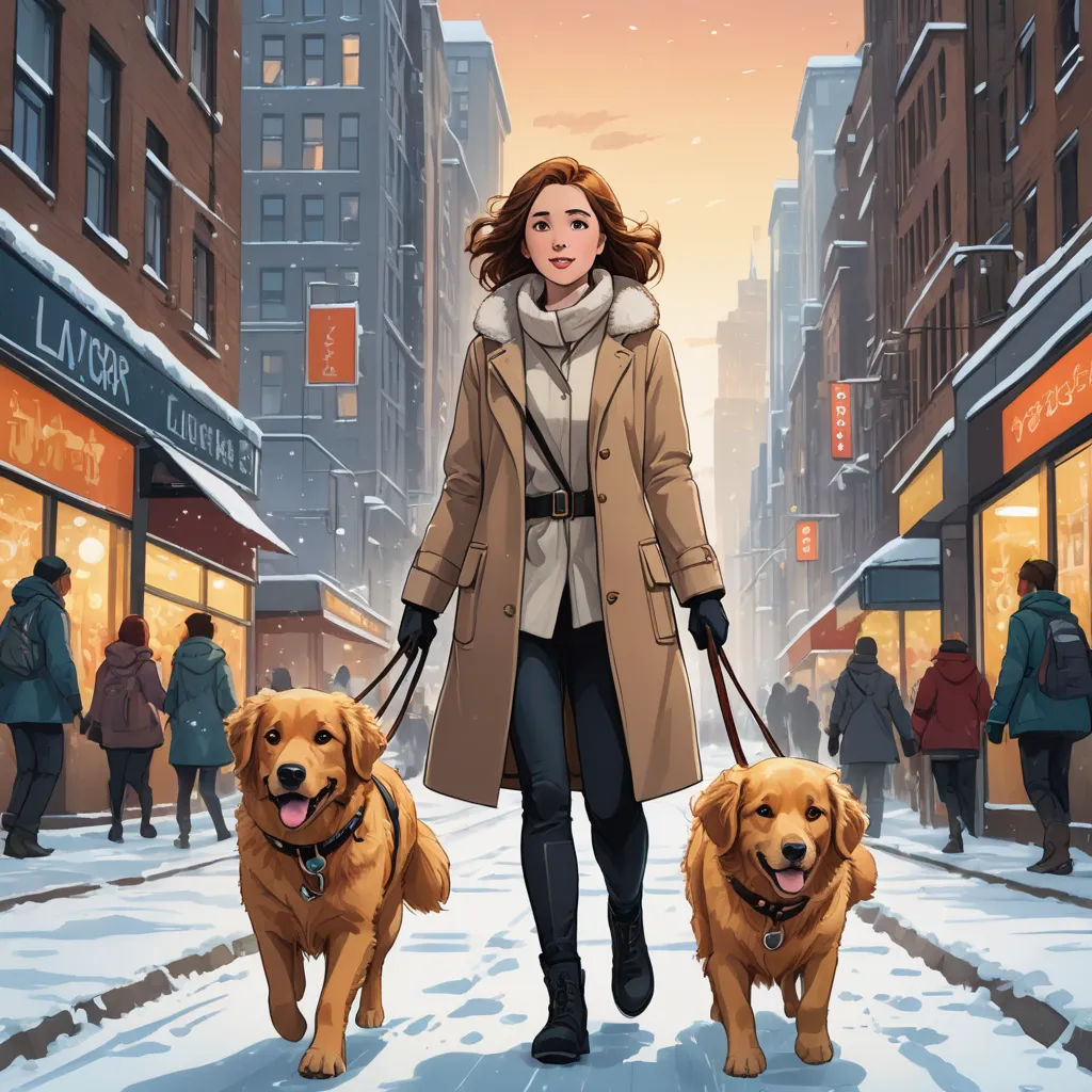 a woman walking two dogs down a snowy street in a city with buildings and shops on either side of her, american scene painting, a comic book panel, Colin Middleton, comic cover art