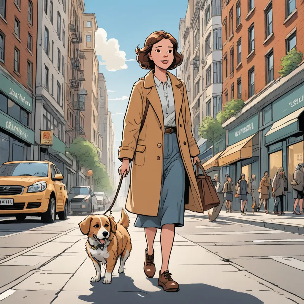 a woman walking a dog down a city street with tall buildings in the background and a yellow car parked on the side of the street, american scene painting, a comic book panel, Chris Ware, promotional image