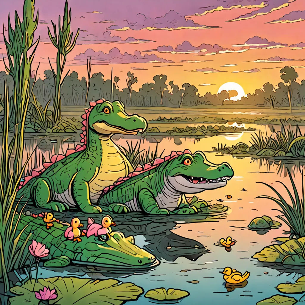 a painting of two alligators in a pond with ducks in the water and a sunset in the background, naturalism, a storybook illustration, Chris LaBrooy, storybook illustration