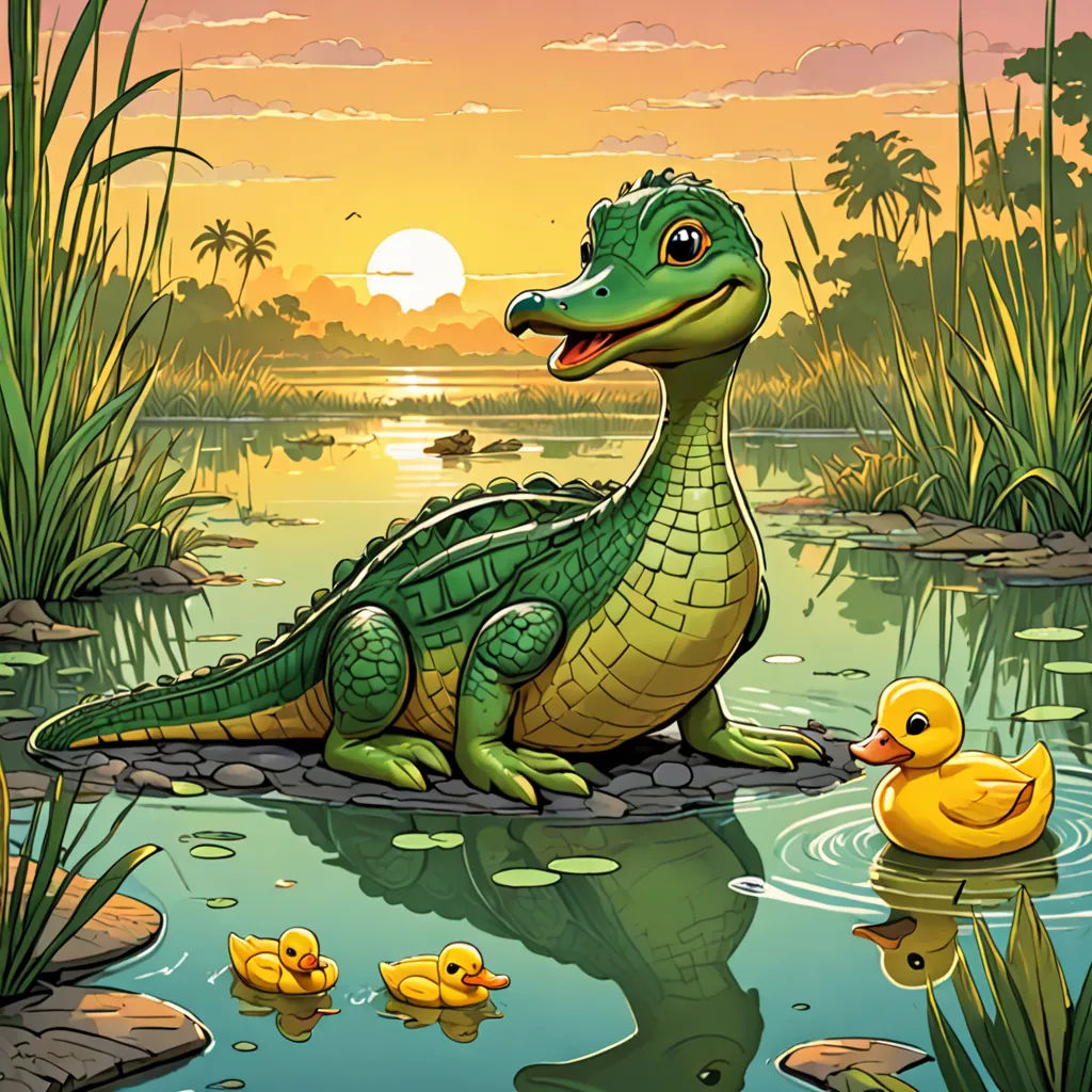 a cartoon alligator sitting on a rock in a pond with ducks in the water and a sunset in the background, lyco art, a storybook illustration, Chris LaBrooy, storybook illustration