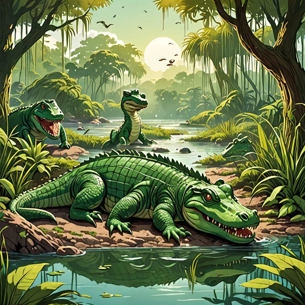 a painting of two alligators in a jungle setting with a river and trees in the background, and a bird flying over the water, fantasy art, a storybook illustration, Chris LaBrooy, rossdraws global illumination