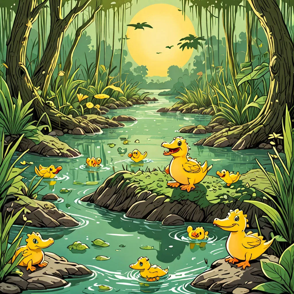a painting of a river with ducks in it and a sun in the background with trees and grass on the bank, environmental art, a storybook illustration, Chris LaBrooy, storybook illustration