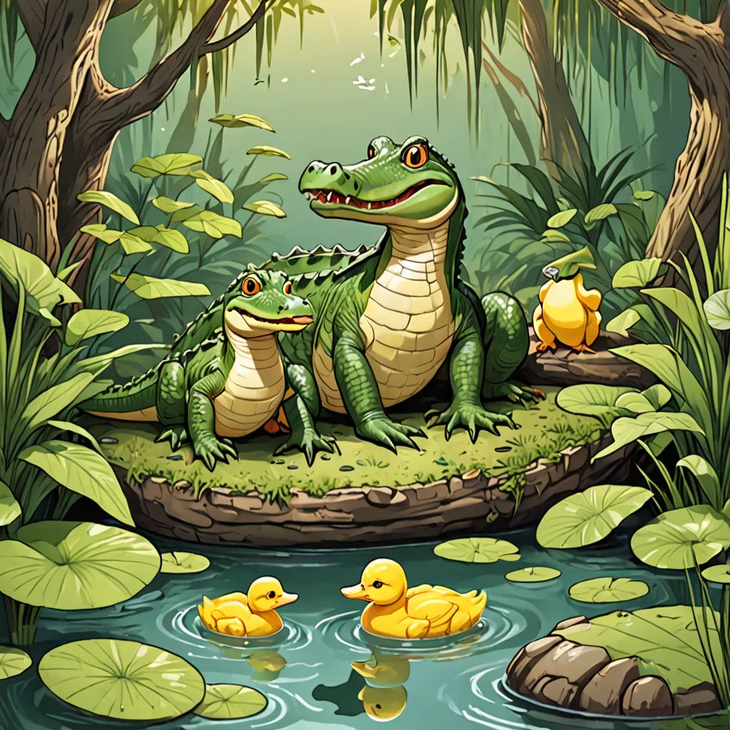 a frog and two ducks in a pond with lily pads and trees in the background, with a pond with lily pads and a pond with water lilies, fantasy art, a storybook illustration, Chris LaBrooy, storybook illustration