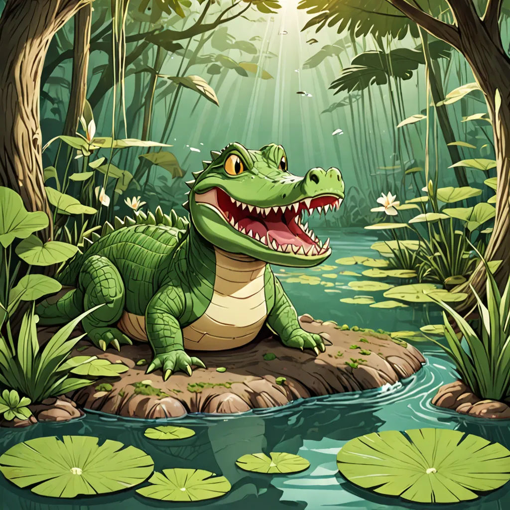 a crocodile in the jungle with lily pads and a pond with water lillies and a sunbeam in the background, lyco art, a storybook illustration, Chris LaBrooy, storybook illustration