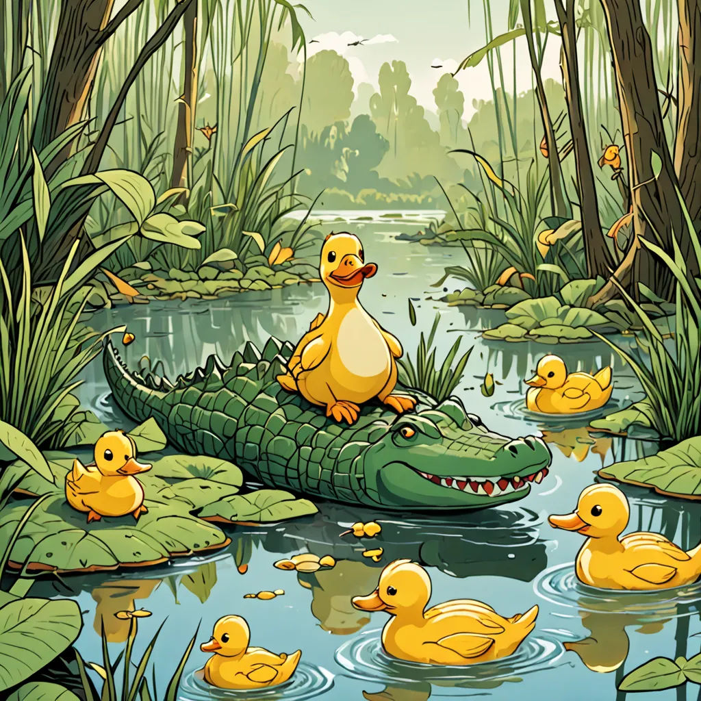 a cartoon of a ducky and her ducklings in a swampy pond with a crocodile in the foreground, context art, a storybook illustration, Chris LaBrooy, storybook illustration