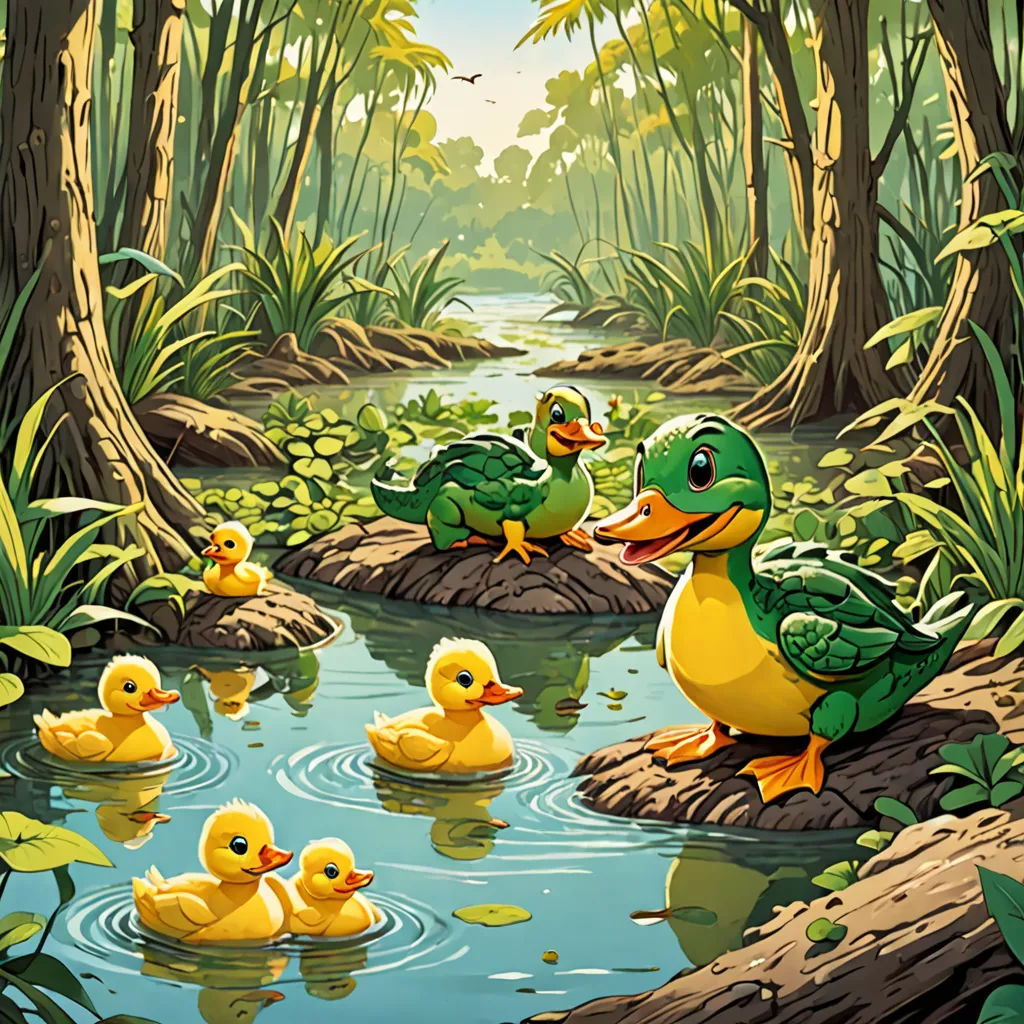 a group of ducks sitting on top of a river next to a forest filled with trees and plants and a duckling, environmental art, a storybook illustration, Chris LaBrooy, storybook illustration