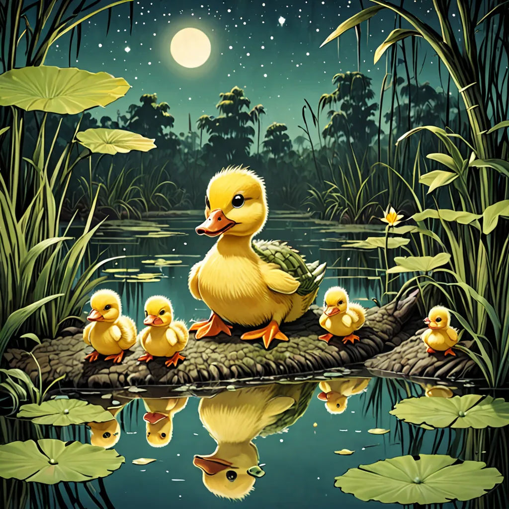 a duck family sitting on a rock in the water with lily pads and lily pads around it, with a full moon in the background, magic realism, a storybook illustration, Dan Mumford, highly detailed digital painting
