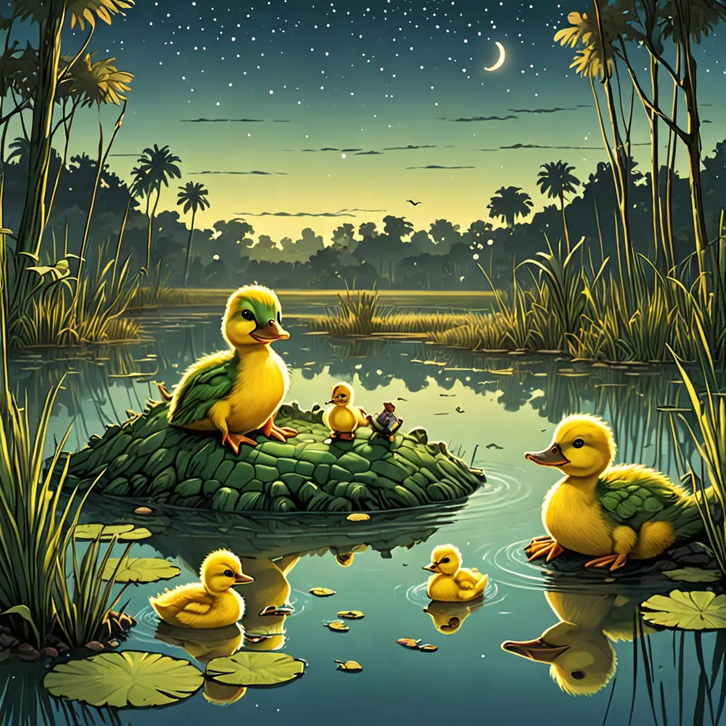 a painting of ducks and their babies on a small island in a pond at night time with the moon in the sky, massurrealism, a storybook illustration, Dan Mumford, highly detailed digital painting