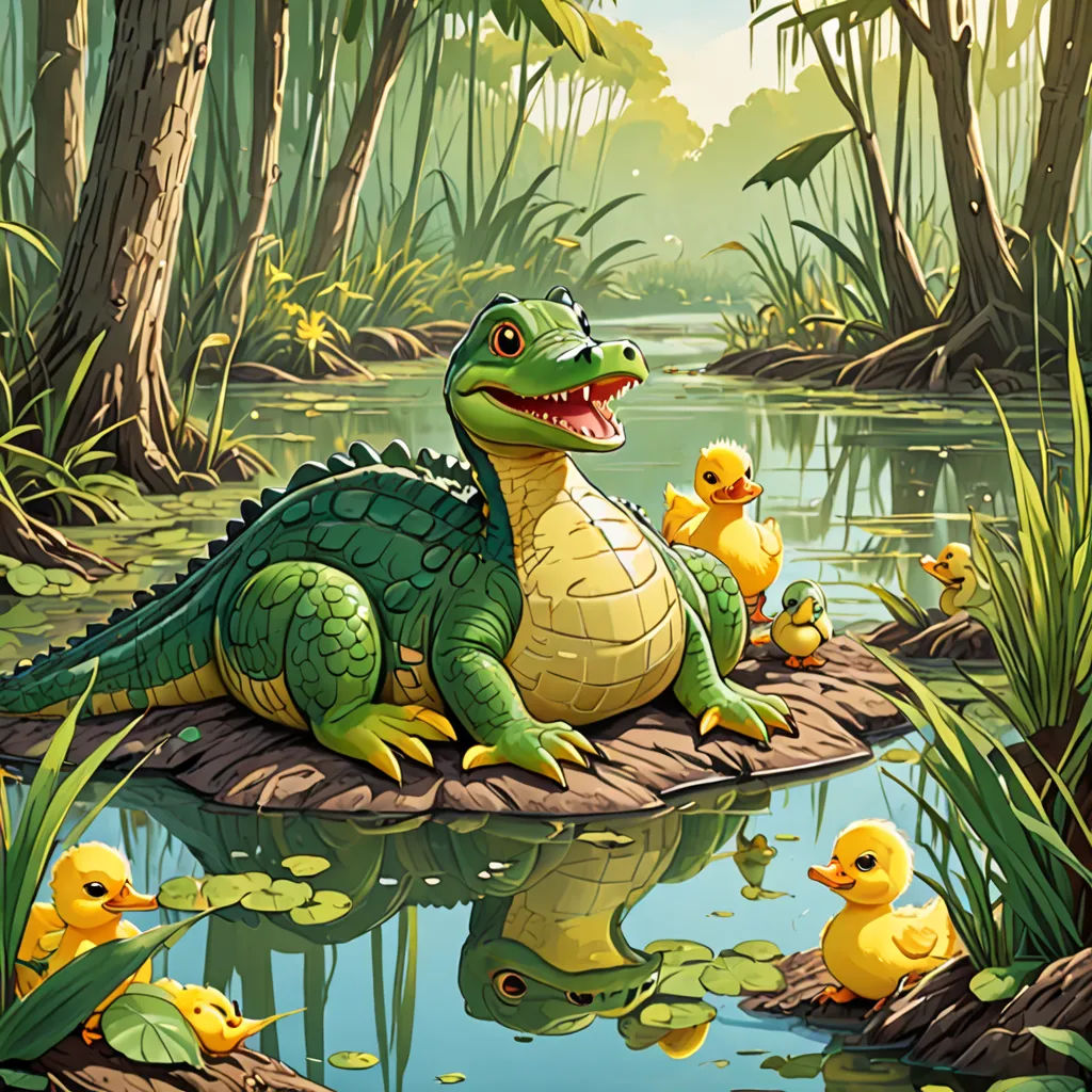 a large alligator and its chicks are sitting on a rock in the water near a swampy area with trees, furry art, a storybook illustration, Chris LaBrooy, storybook illustration