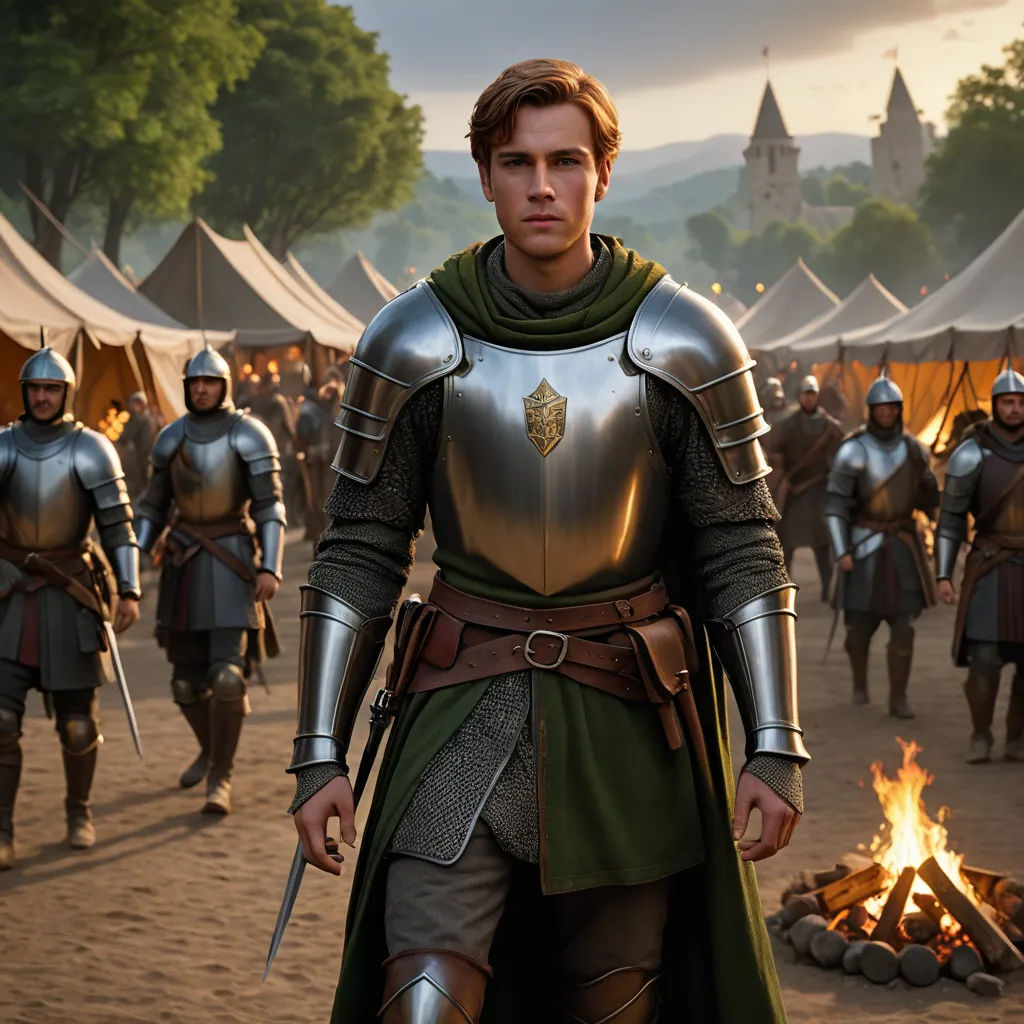 a man in a suit of armor standing in front of a fire pit with other men in the background, antipodeans, a detailed matte painting, Edward Clark, promotional image