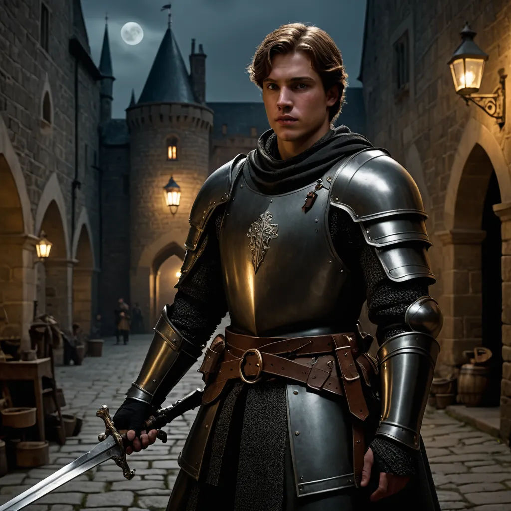 a man in a knight costume holding a sword in a castle courtyard at night with a full moon in the background, fantasy art, a detailed matte painting, Cedric Seaut (Keos Masons), medieval