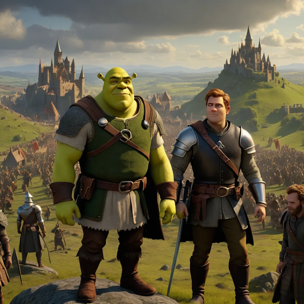 a group of people standing on top of a lush green field next to a castle in the distance with a giant green monster, antipodeans, a detailed matte painting, disney, unreal engine highly rendered