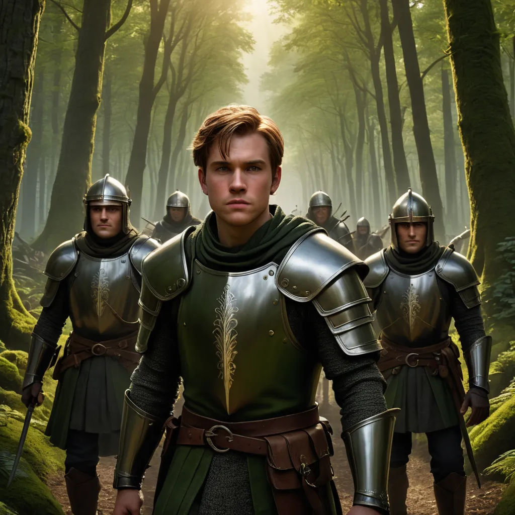 a group of men in armor walking through a forest with trees in the background and a sun shining through the trees, antipodeans, a poster, Edward Clark, promotional image