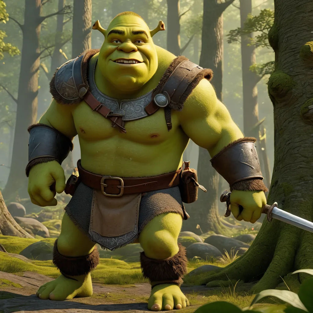 a cartoon character in a forest with a sword in his hand and a sword in his hand, with a tree in the background, photorealism, an ambient occlusion render, Daryush Shokof, unreal engine 5 highly rendered