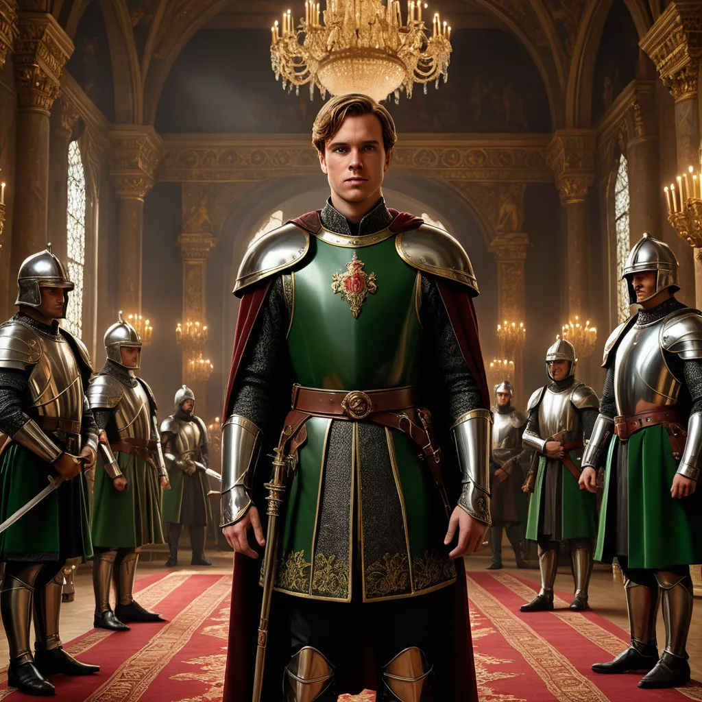 a man in a green suit standing in front of a group of men in armor and armor in a palace, pre-raphaelitism, a detailed matte painting, Cedric Seaut (Keos Masons), promotional image