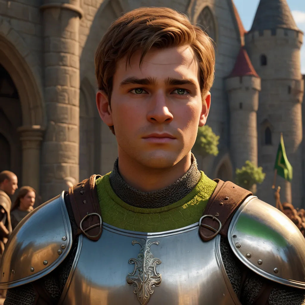 a man in a knight costume standing in front of a castle with a lot of people around him and a castle in the background, photorealism, computer graphics, Cedric Seaut (Keos Masons), unreal engine highly rendered