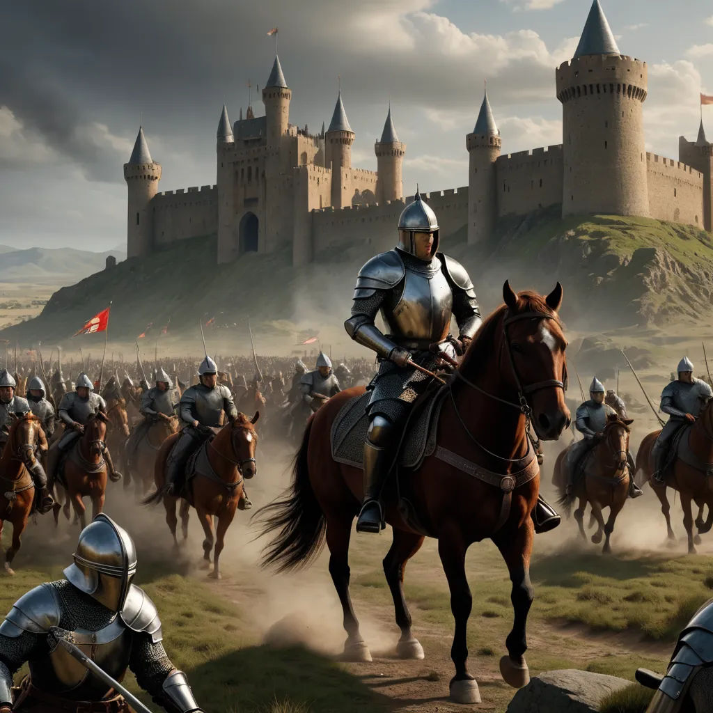 a group of men in armor riding horses in front of a castle with a flag on top of it, antipodeans, a detailed matte painting, Christophe Vacher, medieval