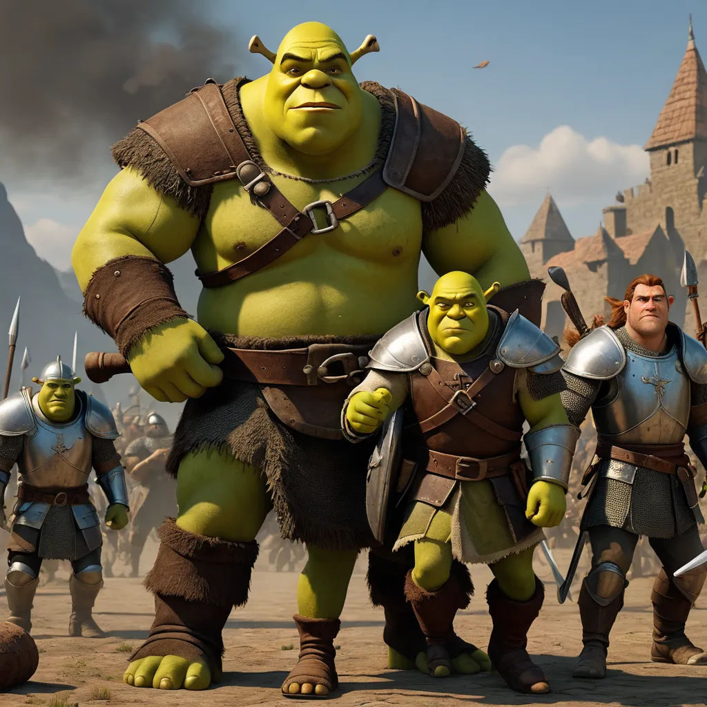 a group of people in costume standing in front of a castle with a giant green man in the middle, antipodeans, computer graphics, Andries Stock, pixar and disney animation