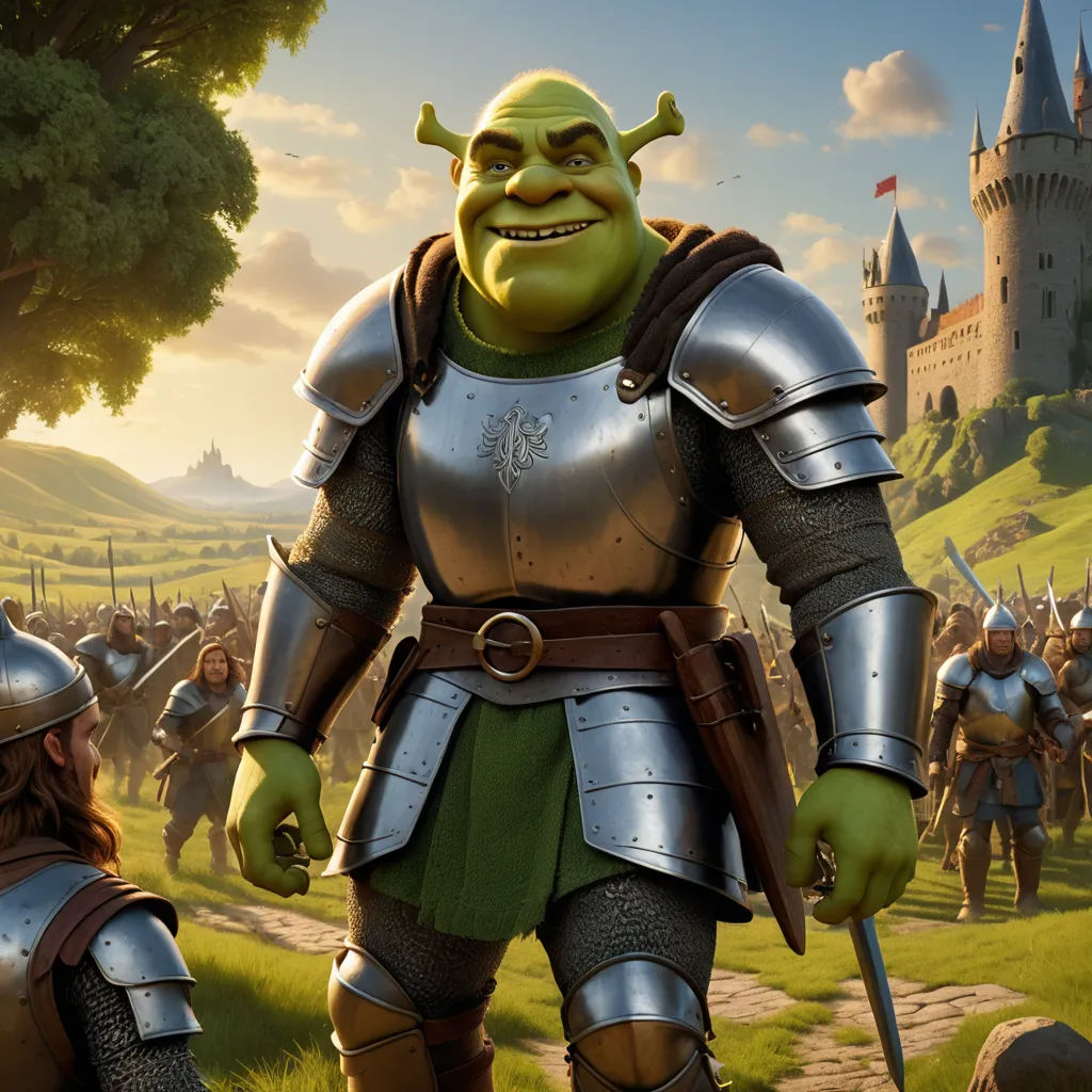 a group of people in armor standing in front of a castle with a green man in the middle of the picture, antipodeans, computer graphics, Chris LaBrooy, unreal engine highly rendered