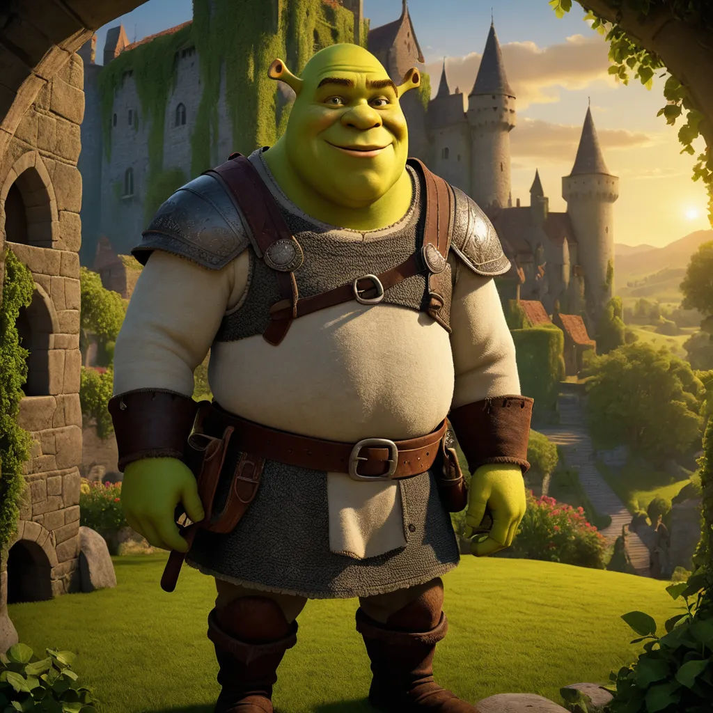 a cartoon character standing in front of a castle with a giant green head and a brown belt on his chest, renaissance, concept art, Altoon Sultan, unreal engine 5 quality render