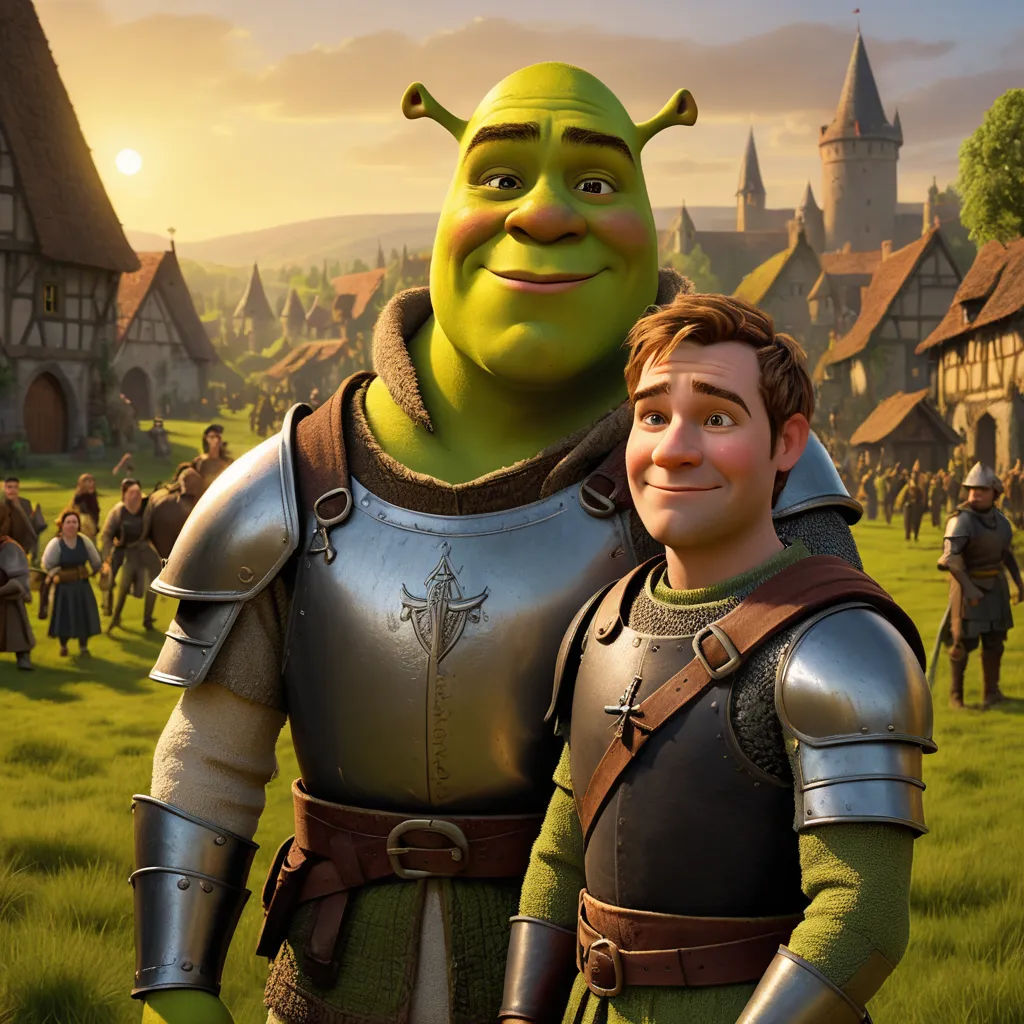 a man and a woman are standing in front of a village with a green man in a suit and a green man in a suit, antipodeans, a stock photo, Altoon Sultan, pixar and disney animation