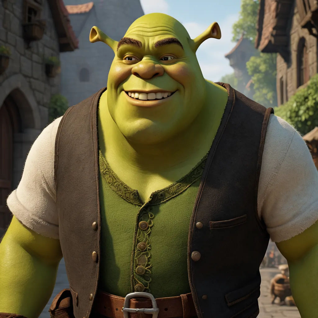 a man in a green outfit and a brown vest is smiling at the camera while standing in front of a castle, furry art, a 3D render, Chris LaBrooy, unreal engine 5 quality render