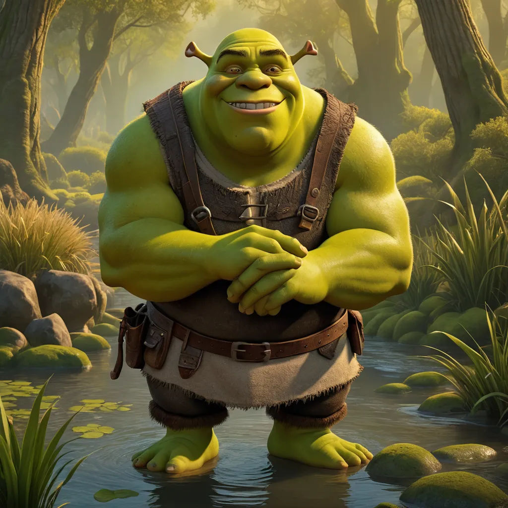 a cartoon character is standing in a swampy area with trees and grass in the background, with a green, smiling, green, smiling, smiling,,,,,,,,,,,,,,,, furry art, a stock photo, Daryush Shokof, arnold render