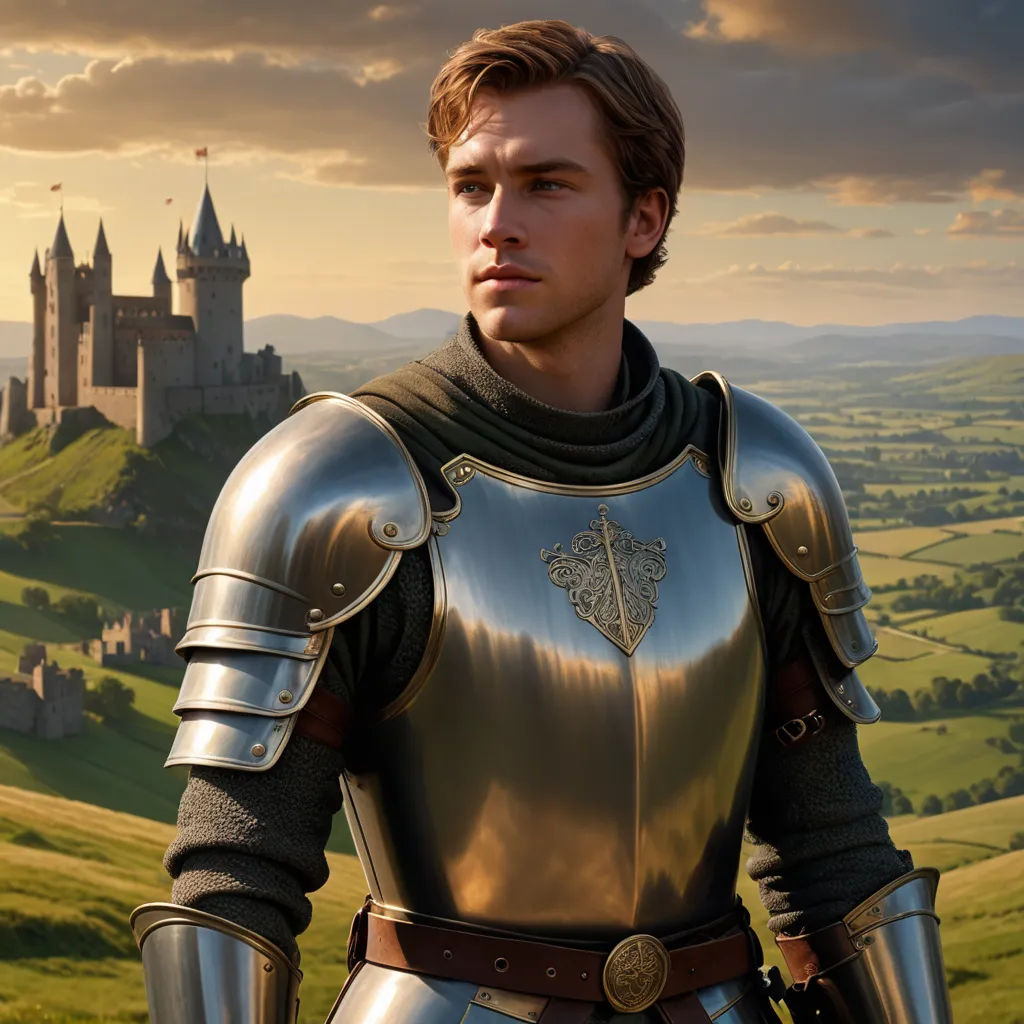 a man in a suit of armor standing in front of a castle with a sunset in the background and a field of green grass, fantasy art, a detailed matte painting, Cedric Seaut (Keos Masons), rossdraws global illumination