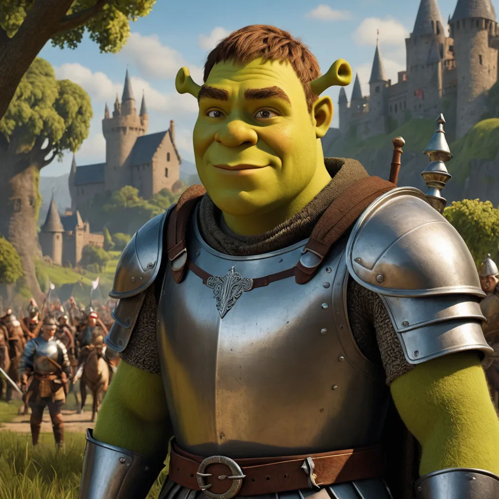 a cartoon character in a medieval costume standing in front of a castle with a lot of people in it, sots art, computer graphics, Chris LaBrooy, unreal engine 5 quality render