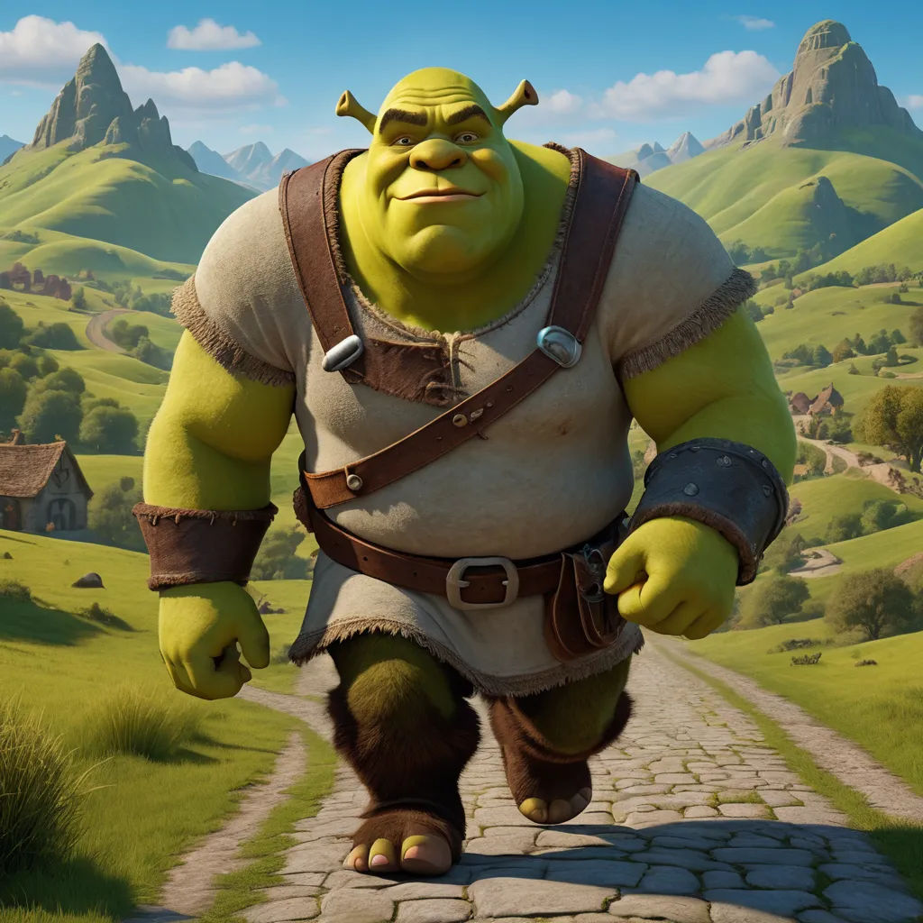 a cartoon character walking down a road in a field of grass and rocks, with a mountain in the background, furry art, a detailed matte painting, Chris LaBrooy, unreal engine 5 highly rendered
