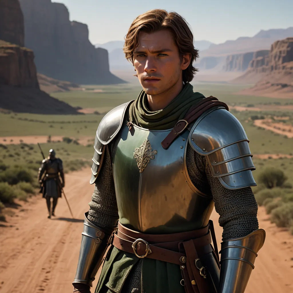 a man in a suit of armor standing on a dirt road in the desert with a mountain in the background, pre-raphaelitism, a detailed matte painting, Cedric Seaut (Keos Masons), unreal engine highly rendered