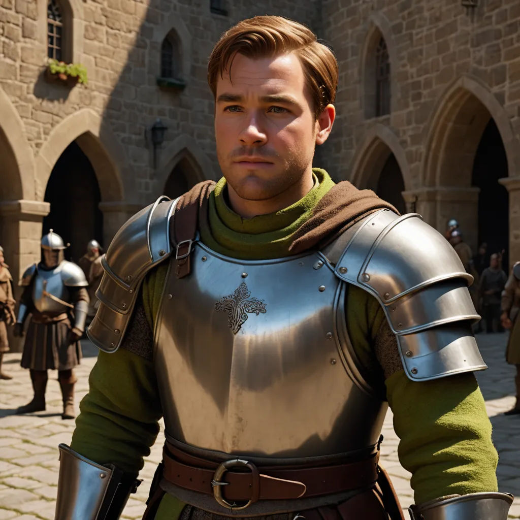 a man in a suit of armor standing in front of a castle with other men in the background and a building, renaissance, a character portrait, Cedric Seaut (Keos Masons), medieval