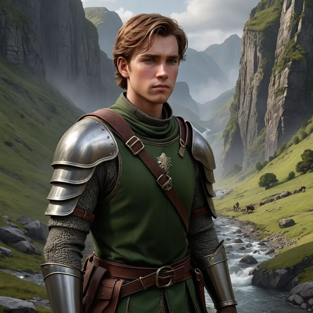 a man in a green outfit standing in a mountain valley with a river running through it and mountains in the background, fantasy art, a detailed matte painting, Clint Cearley, epic fantasy character art