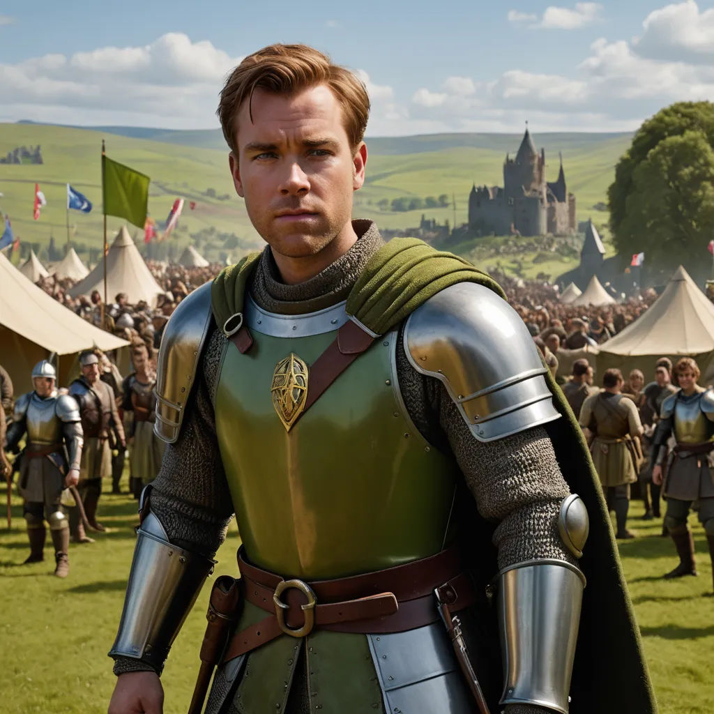 a man in a green and gold outfit standing in front of a crowd of people in a field with tents, pre-raphaelitism, a detailed matte painting, Edward Otho Cresap Ord, II, promotional image