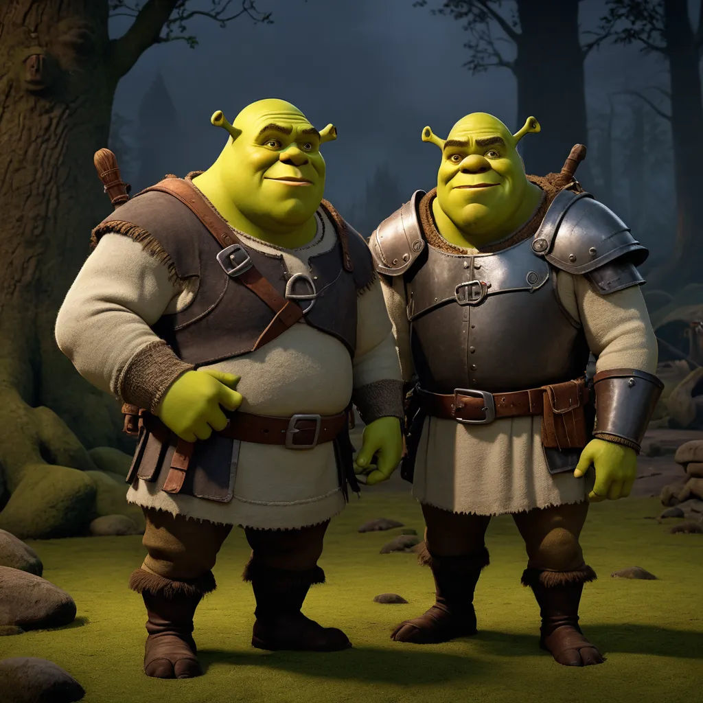 two animated characters standing in a forest with trees in the background and a dark sky in the background, with a full moon in the sky, antipodeans, concept art, Andries Both, unreal engine 5 quality render
