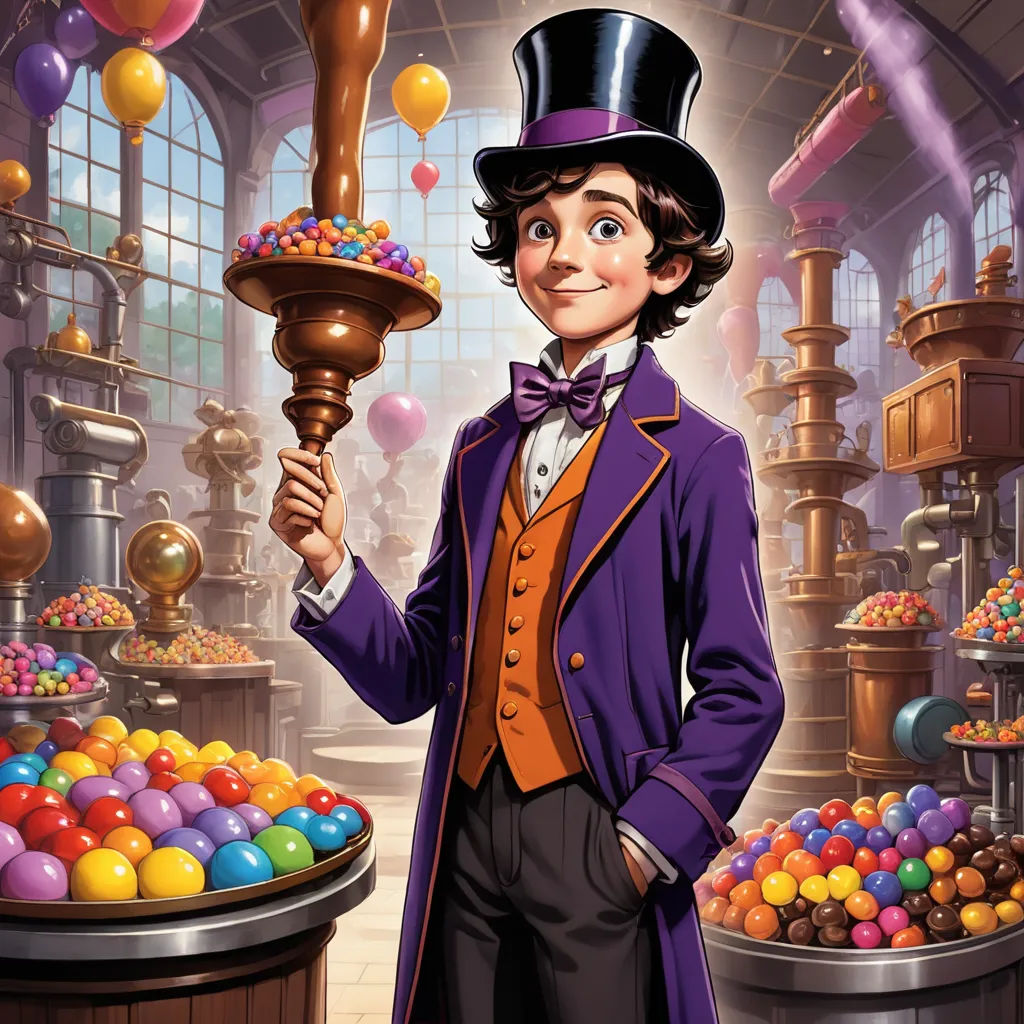 a cartoon character holding a chocolate ball and a chocolate lamp in a candy shop filled with balloons and candy, fantastic realism, a character portrait, Drew Struzan, official art