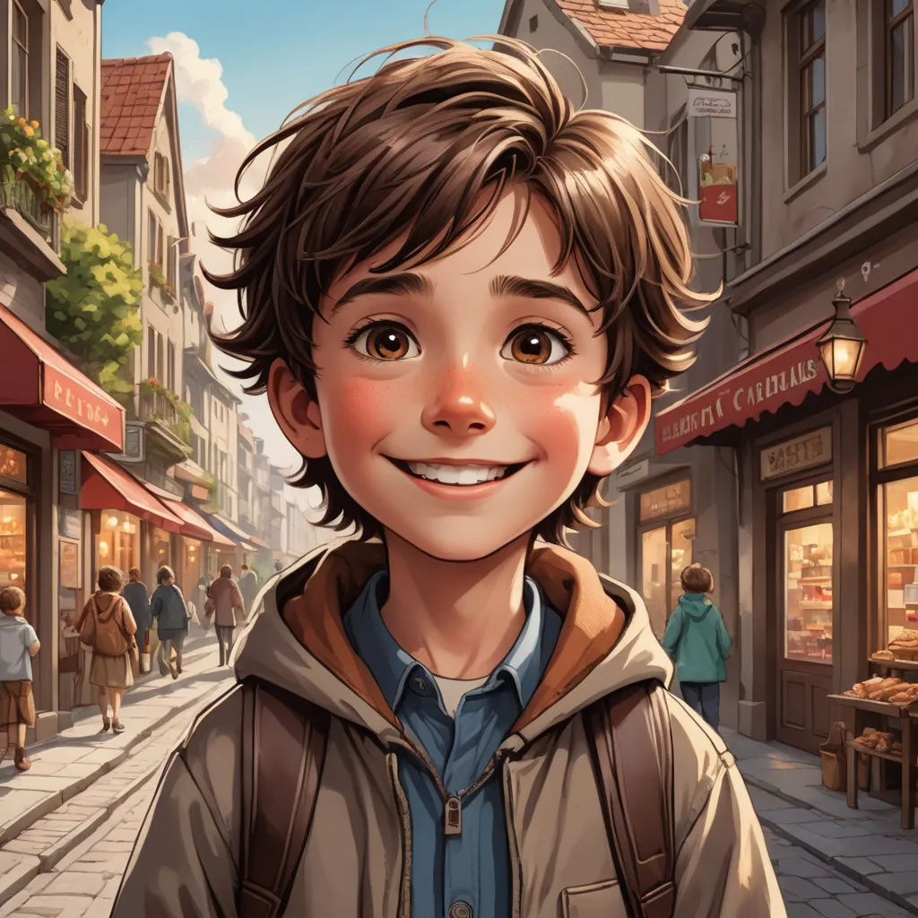 a boy is standing in front of a street with a storefront and people walking by him and a woman is smiling, photorealism, a storybook illustration, Alejandro Burdisio, rossdraws global illumination
