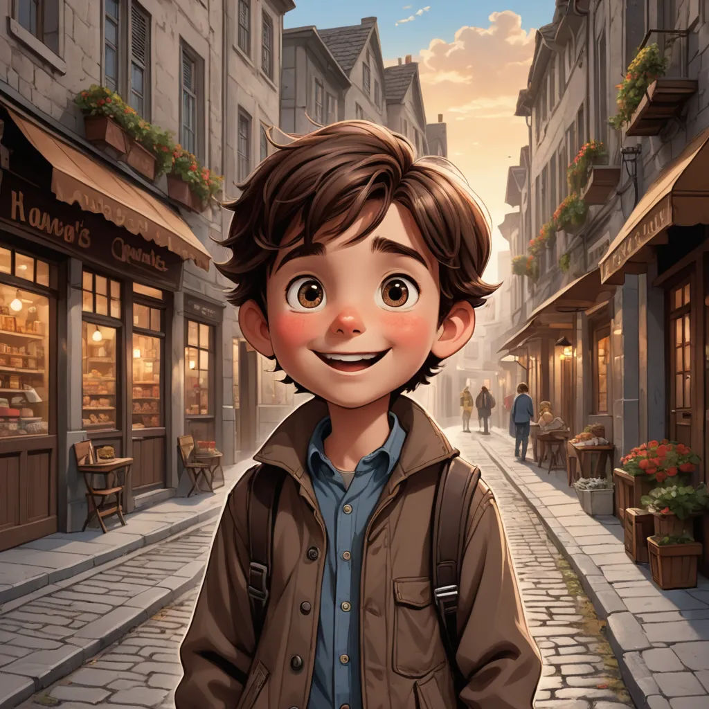 a boy is standing in the middle of a street with a bag on his shoulder and a smile on his face, paris school, a character portrait, Cliff Childs, kinkade