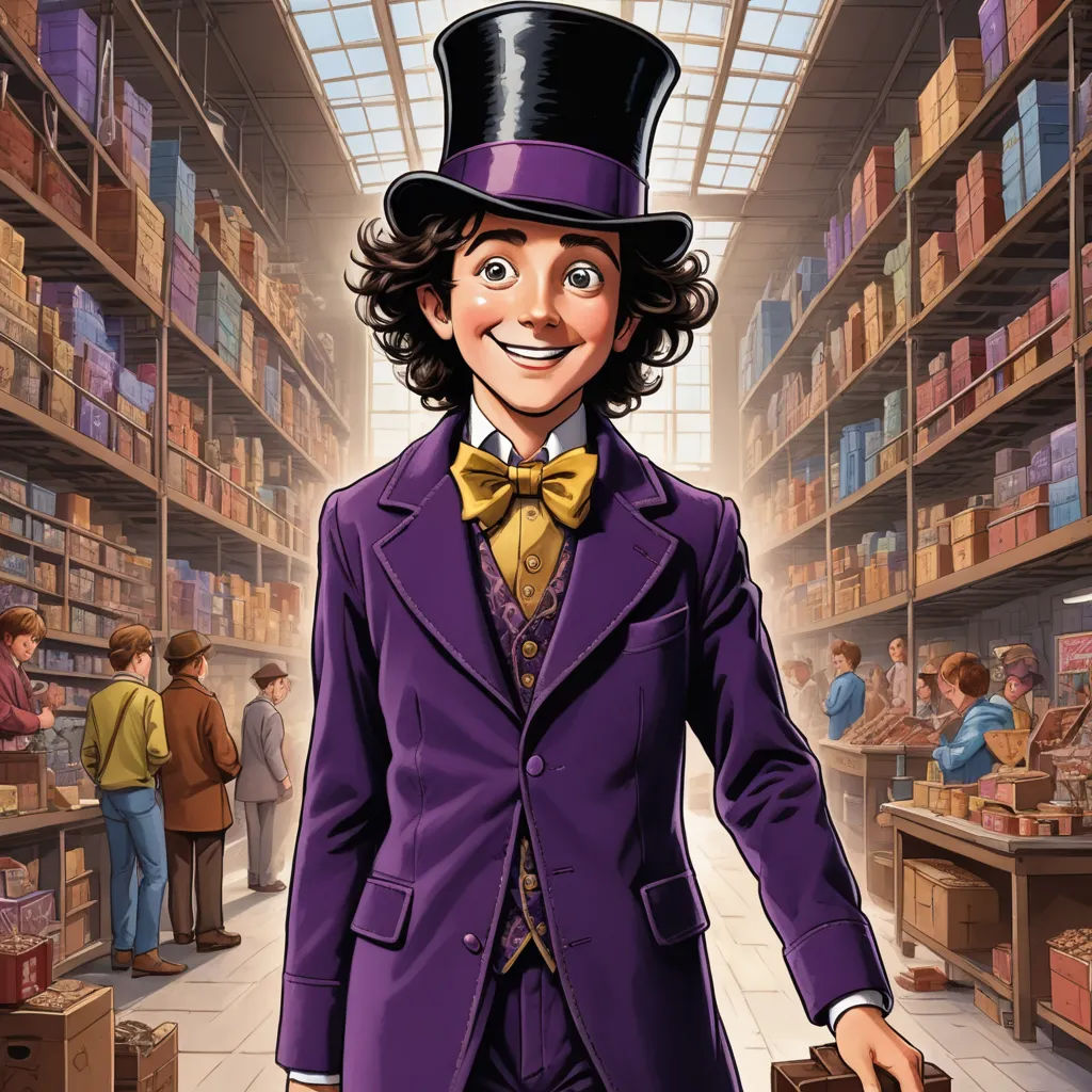 a cartoon of a man in a purple suit and top hat holding a suitcase in a library with people in the background, fantastic realism, a character portrait, Drew Struzan, official art