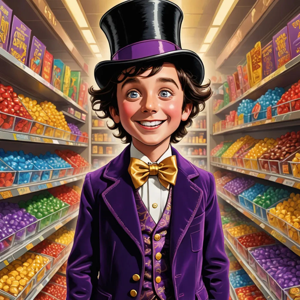 a cartoon of a man in a purple suit and top hat in a grocery store aisle with a shelf of fruit, fantastic realism, a detailed matte painting, Drew Struzan, highly detailed digital painting