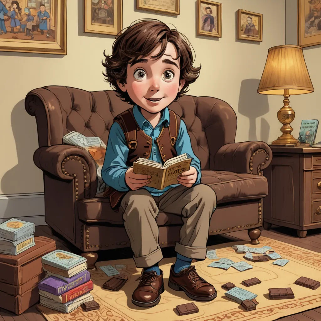 a boy sitting on a chair reading a book in a living room with a lot of books on the floor, fantasy art, a storybook illustration, Diego Gisbert Llorens, storybook illustration
