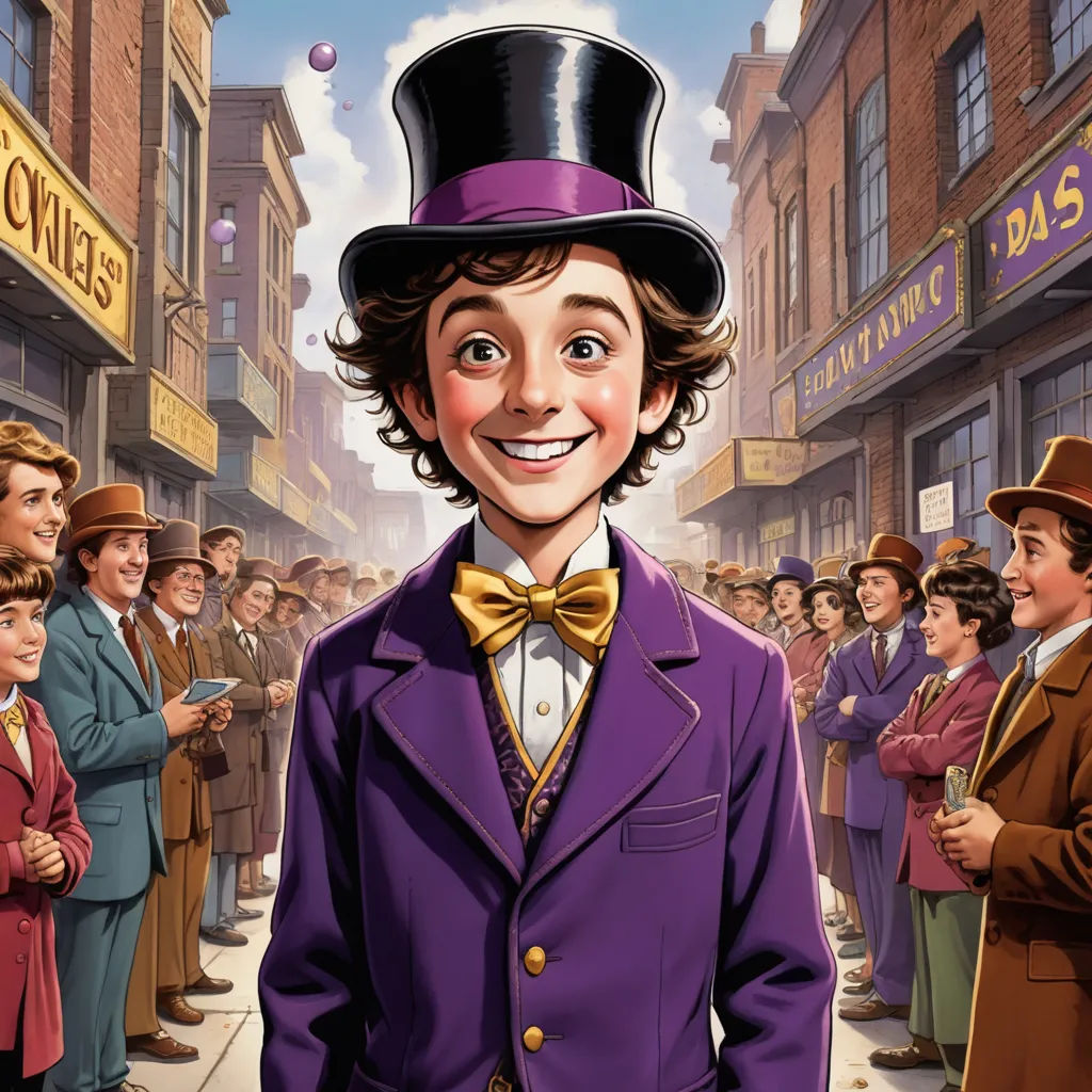 a cartoon of a man in a top hat and purple suit with a crowd of people in the background, american scene painting, a detailed matte painting, Drew Struzan, highly detailed digital painting