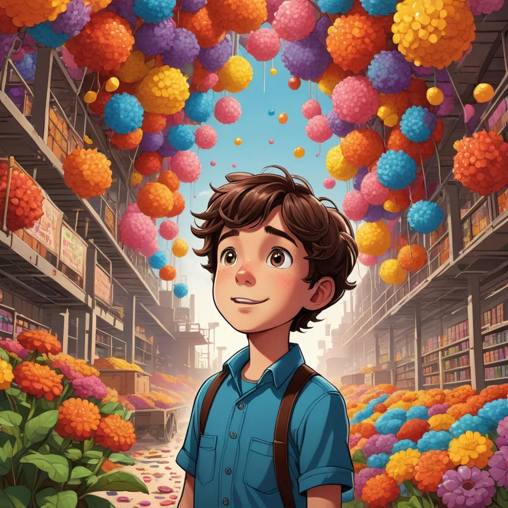 a boy standing in a flower filled area with lots of balloons floating above him and a building in the background, magical realism, poster art, Diego Gisbert Llorens, rossdraws global illumination