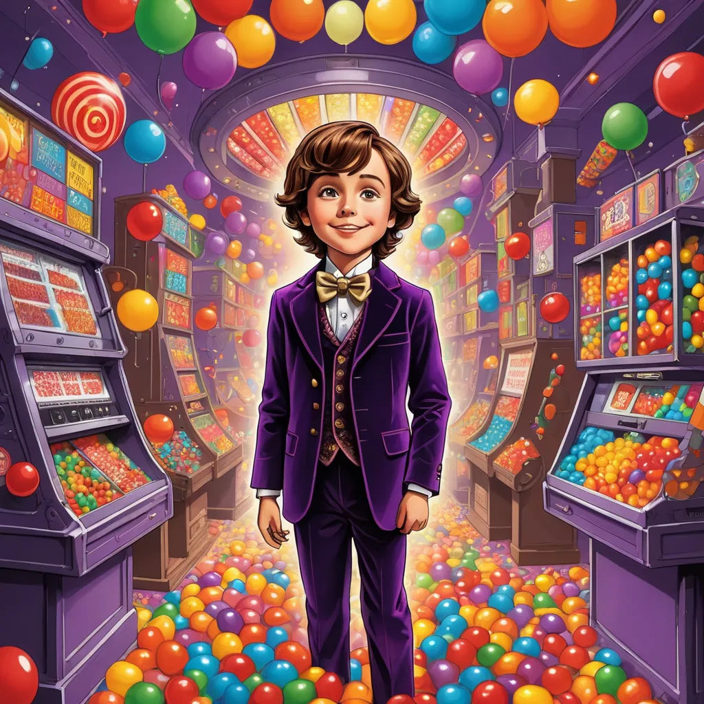 a cartoon character standing in a candy store surrounded by balloons and candy machines with a boy in a purple suit, pop surrealism, poster art, David Brewster, promotional image