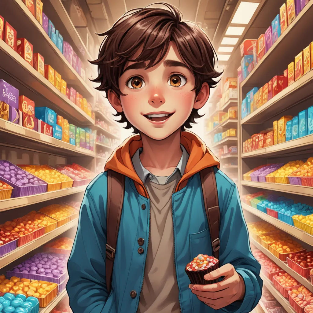 a boy holding a donut in a store aisle with shelves of donuts in the background and a shelf of donuts in the foreground, photorealism, a storybook illustration, Diego Gisbert Llorens, rossdraws global illumination