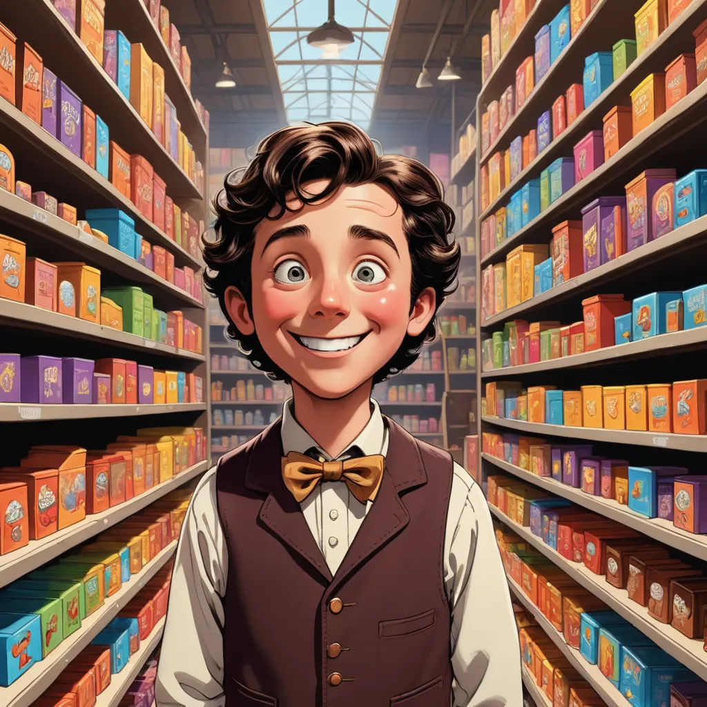 a cartoon character is standing in a store aisle with a smile on his face and a lot of boxes on the shelves, photorealism, a storybook illustration, Alejandro Burdisio, rossdraws global illumination