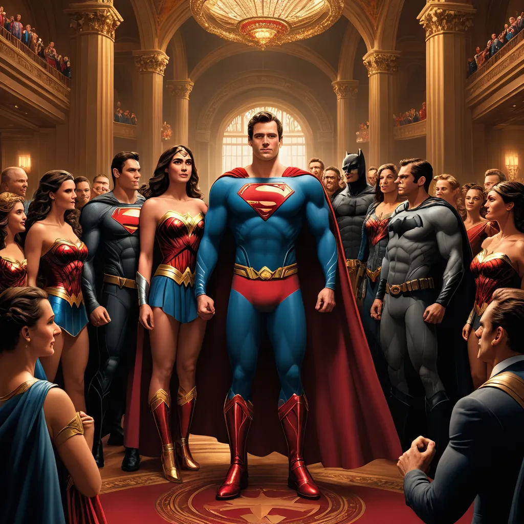 a group of people standing around a man in a superman suit and a woman in a red cape and dress, fantastic realism, a comic book panel, Chris LaBrooy, official art